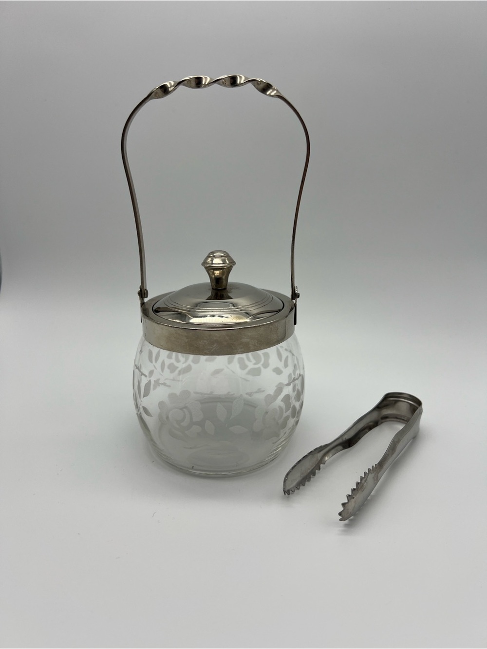 VINTAGE Sugar Cube Jar • Etched Glass • Silver Tone Lid & Handle • Tongs